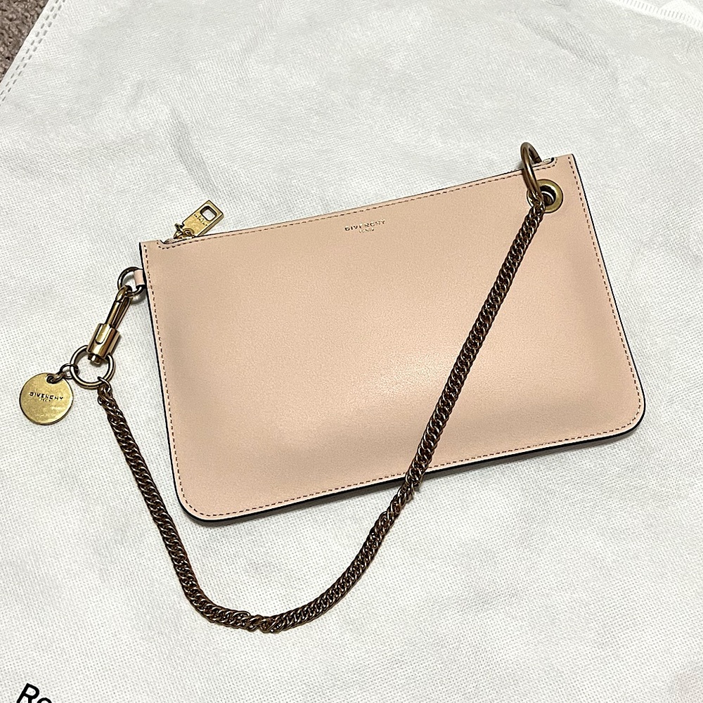 Givenchy gold chain shopper pouch shoulder bag powder blush pink night out tags